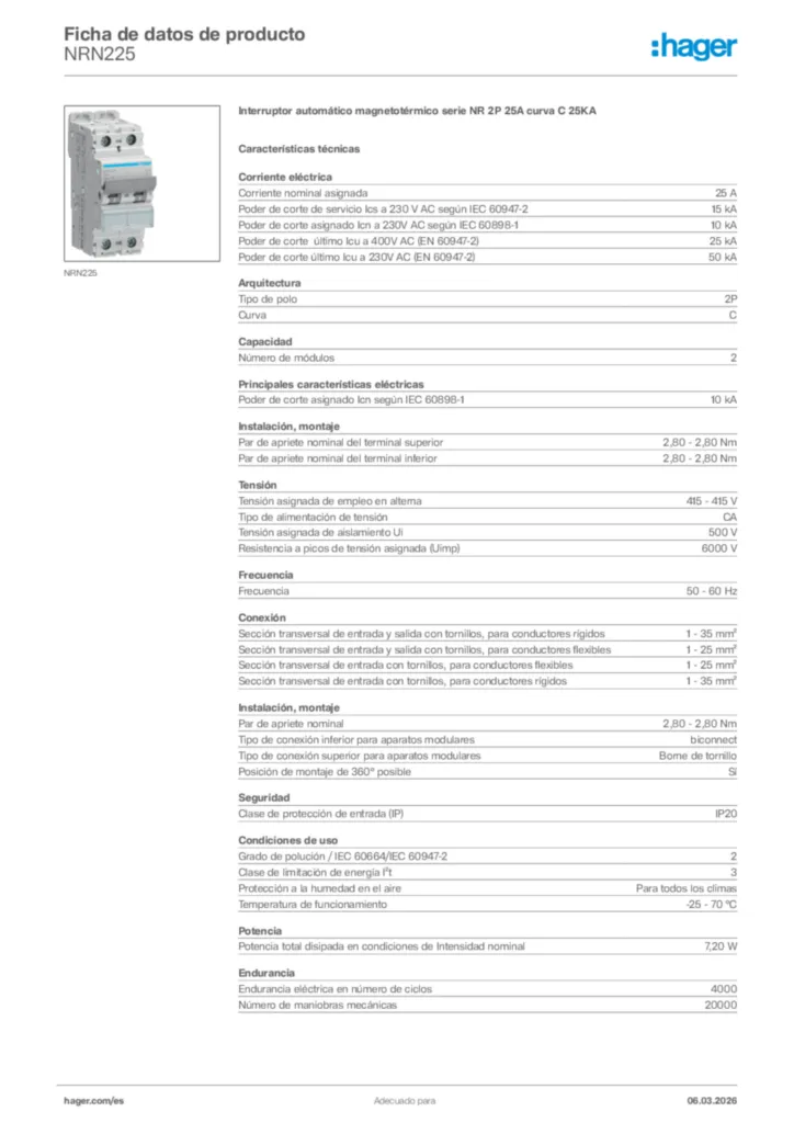 Imagen Hager Ficha de datos de producto NRN225 | Hager España