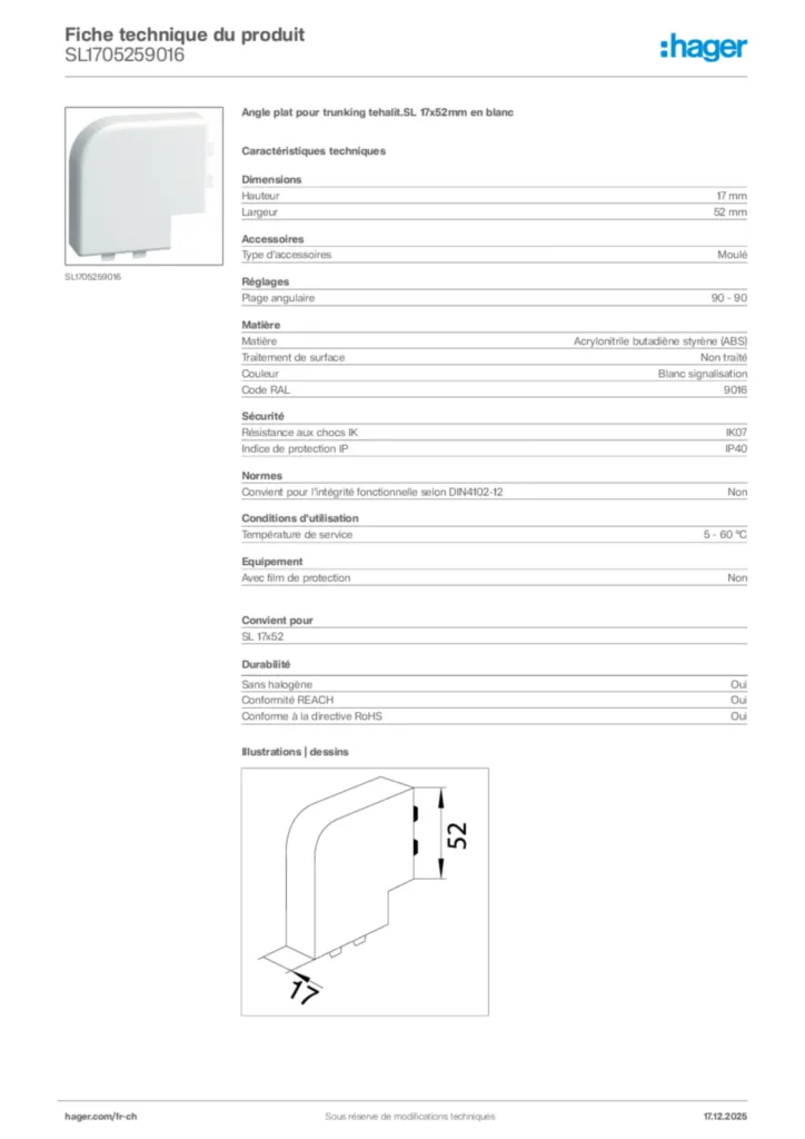 Image Hager Fiche technique du produit SL1705259016 | Hager Suisse
