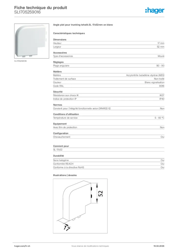 Image Hager Fiche technique du produit SL1705259016 | Hager Suisse