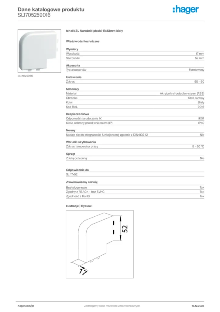 Zdjęcie Hager Karta katalogowa SL1705259016 | Hager Polska
