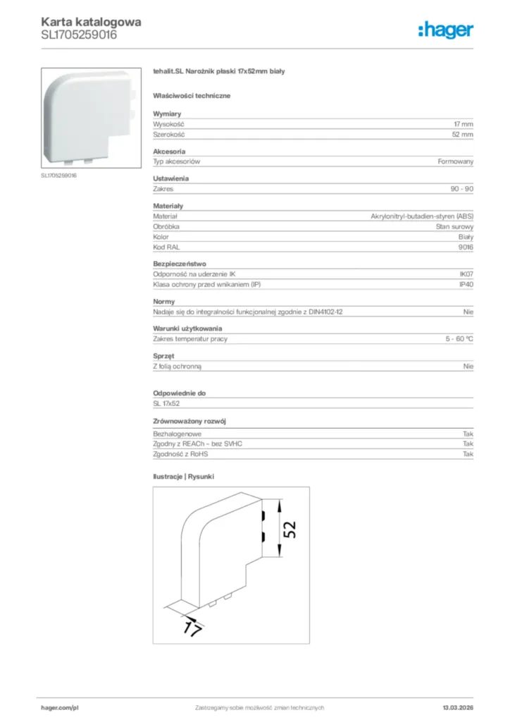 Zdjęcie Hager Karta katalogowa SL1705259016 | Hager Polska