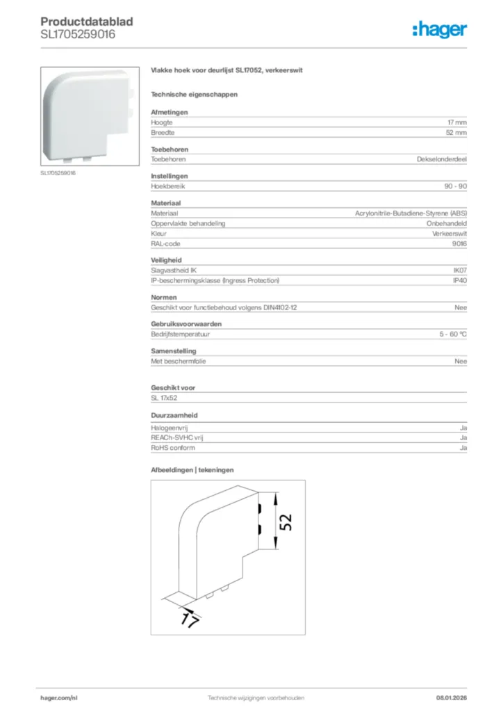 Afbeelding Hager Productdatablad SL1705259016 | Hager Nederland