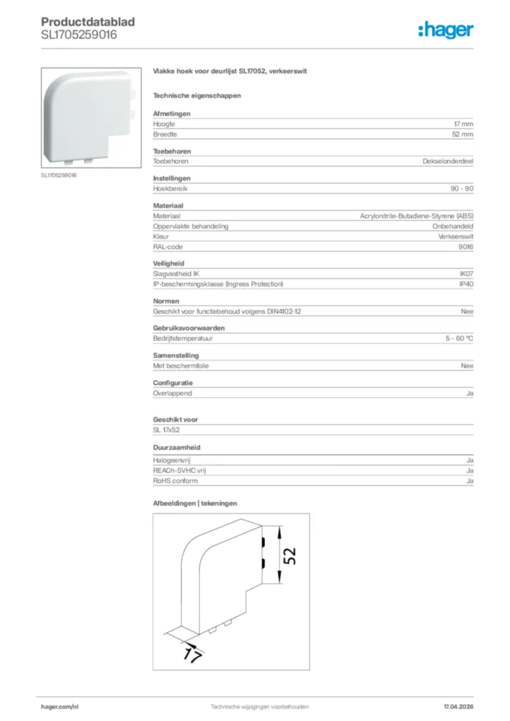 Afbeelding Hager Productdatablad SL1705259016 | Hager Nederland