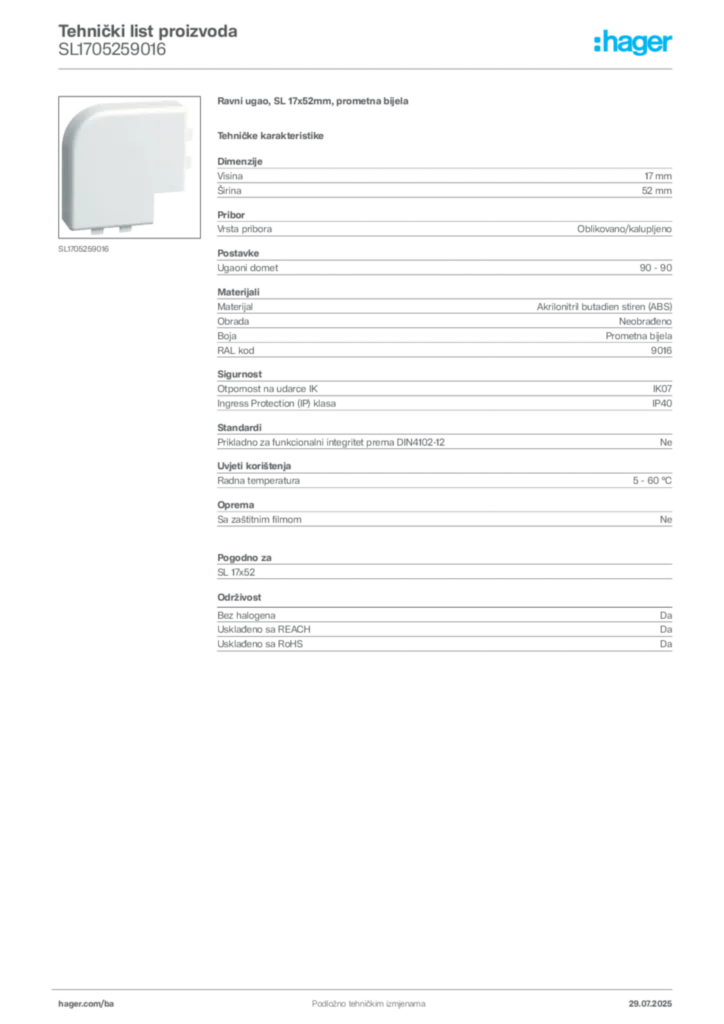 Slika Hager Product data sheet SL1705259016  | Hager