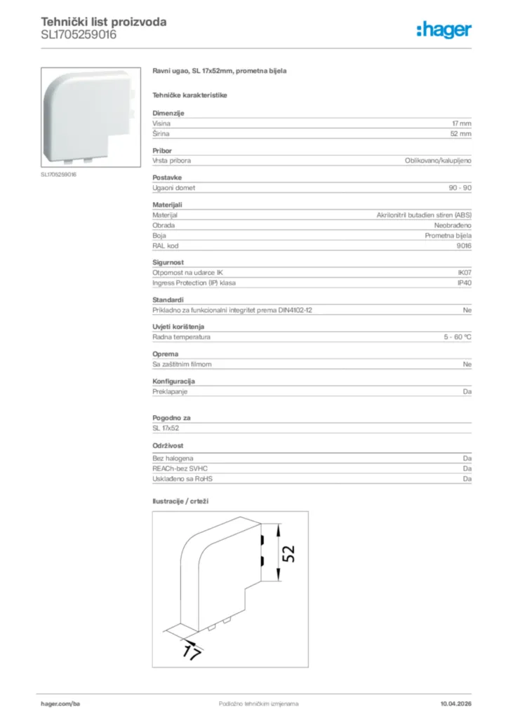 Slika Hager Tehnički list proizvoda SL1705259016  | Hager