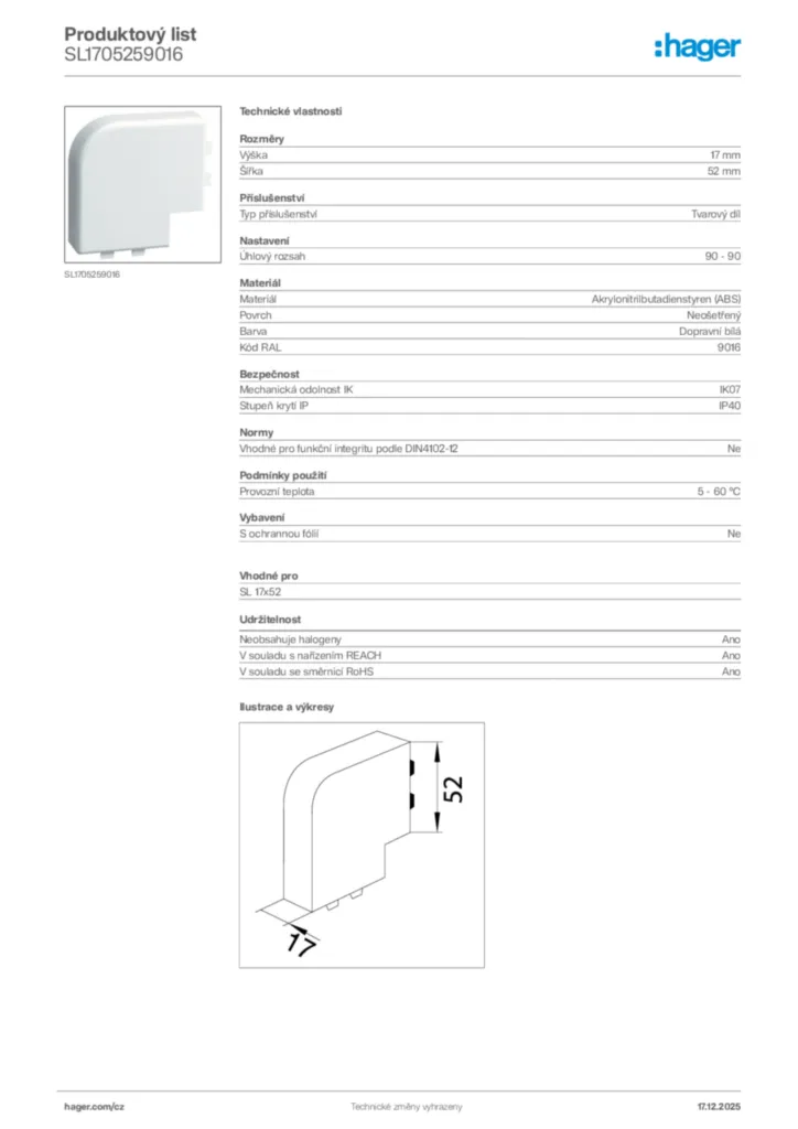 Obrázek Hager Produktový list SL1705259016 | Hager