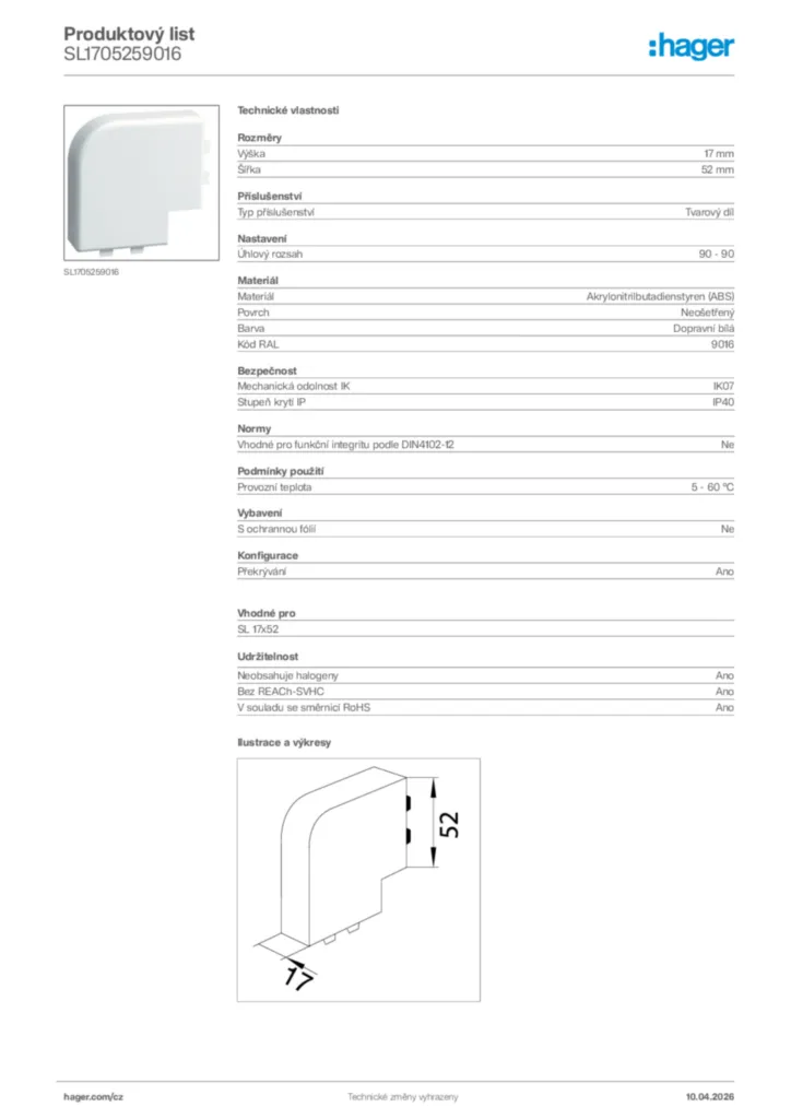 Obrázek Hager Product data sheet SL1705259016 | Hager