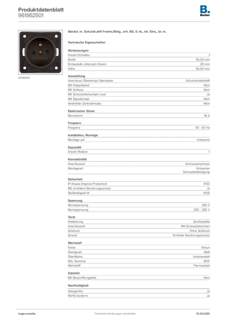 Bild Berker Produktdatenblatt 961952501 | Hager Deutschland
