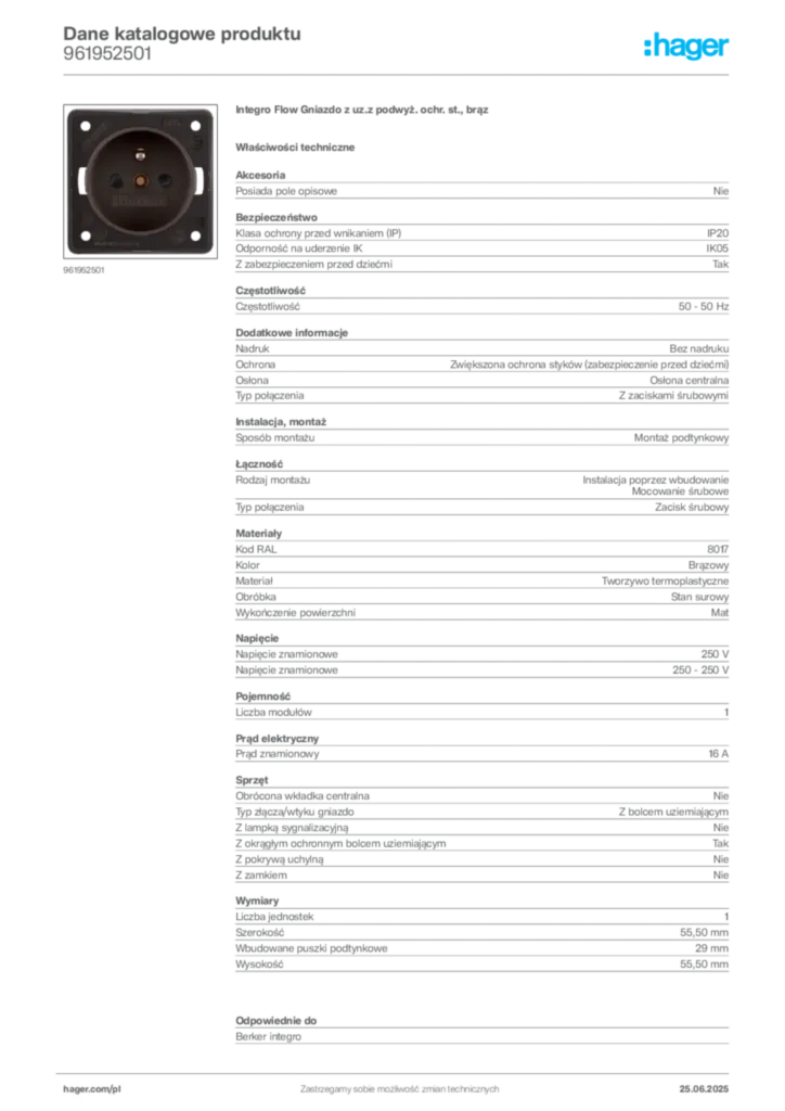 Zdjęcie Hager Karta katalogowa 961952501 | Hager Polska