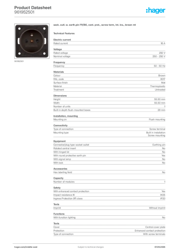 Image Hager Product data sheet 961952501  | Hager