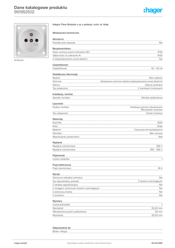 Zdjęcie Hager Karta katalogowa 961952502 | Hager Polska