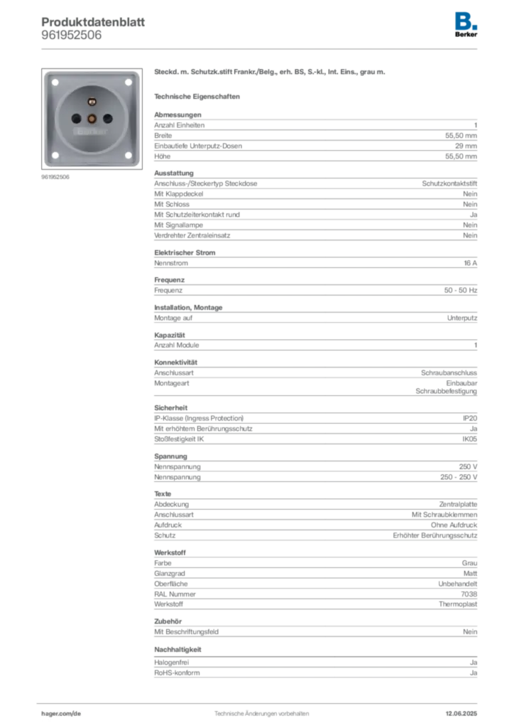 Bild Berker Produktdatenblatt 961952506 | Hager Deutschland