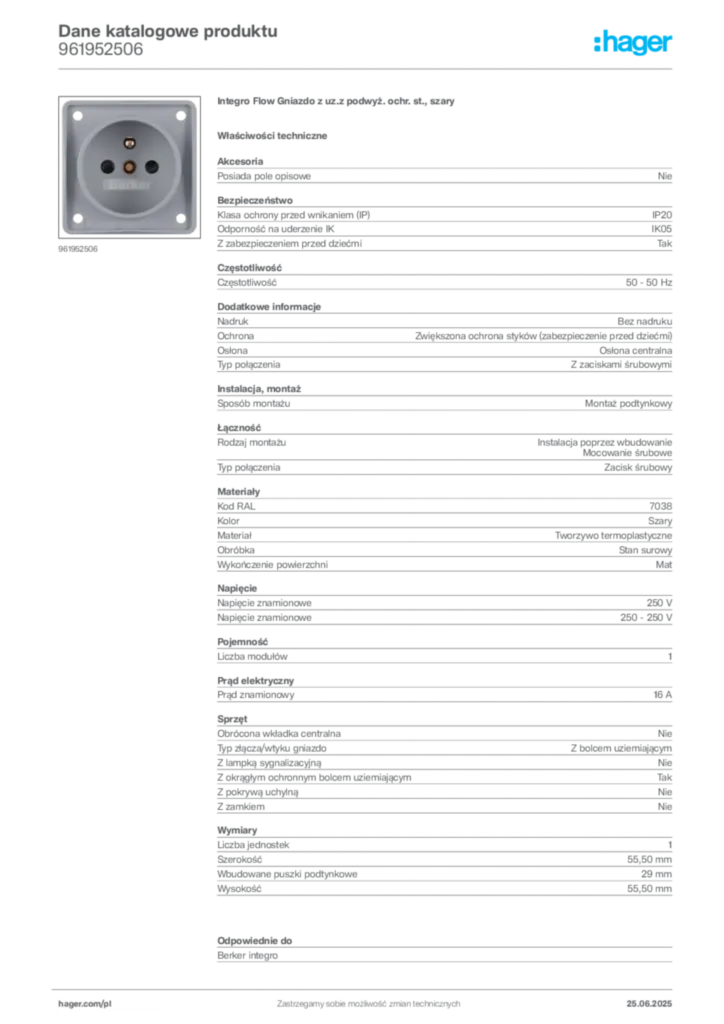 Zdjęcie Hager Karta katalogowa 961952506 | Hager Polska