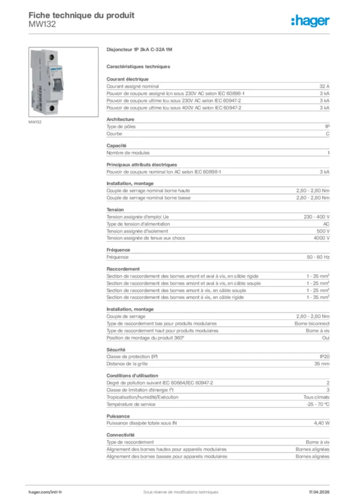 Image Hager Fiche technique du produit MW132 | Hager Afrique