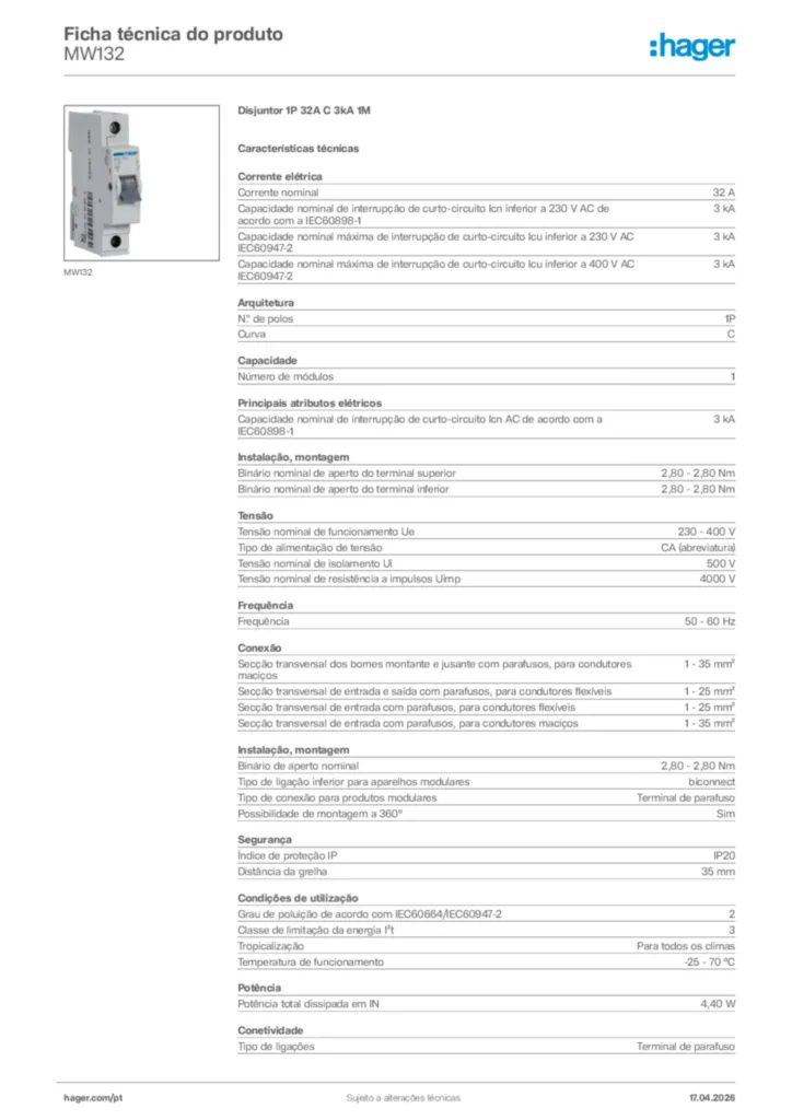 Imagem Hager Ficha técnica do produto MW132 | Hager Portugal