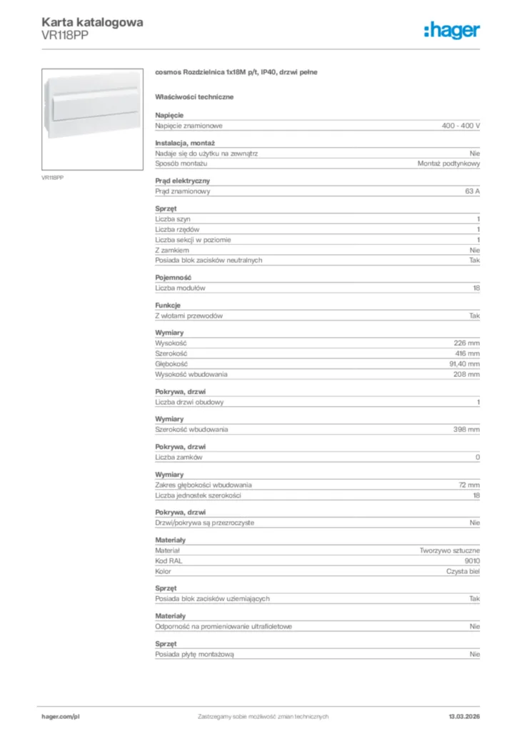 Zdjęcie Hager Karta katalogowa VR118PP | Hager Polska