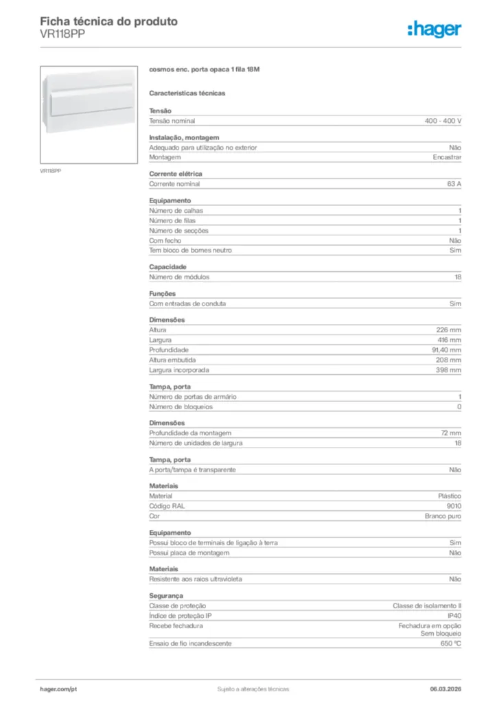 Imagem Hager Ficha técnica do produto VR118PP | Hager Portugal