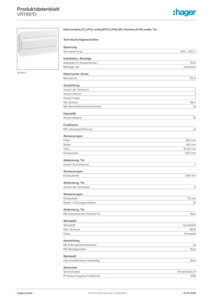 Bild Hager Produktdatenblatt VR118PD | Hager Deutschland