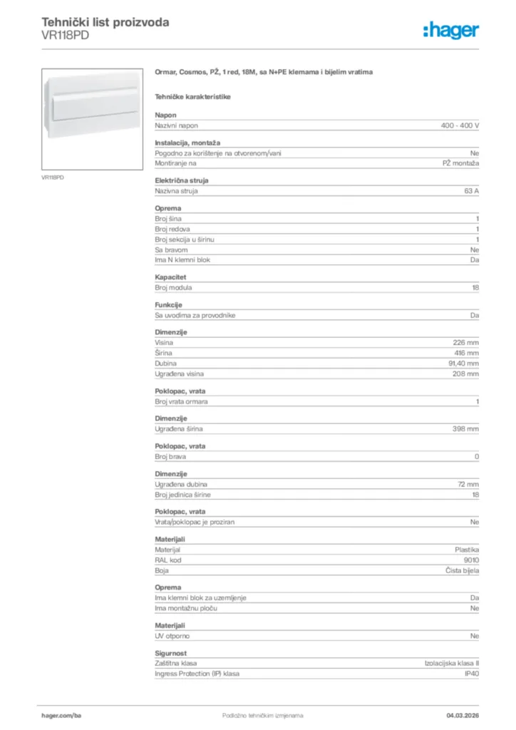 Slika Hager Tehnički list proizvoda VR118PD  | Hager