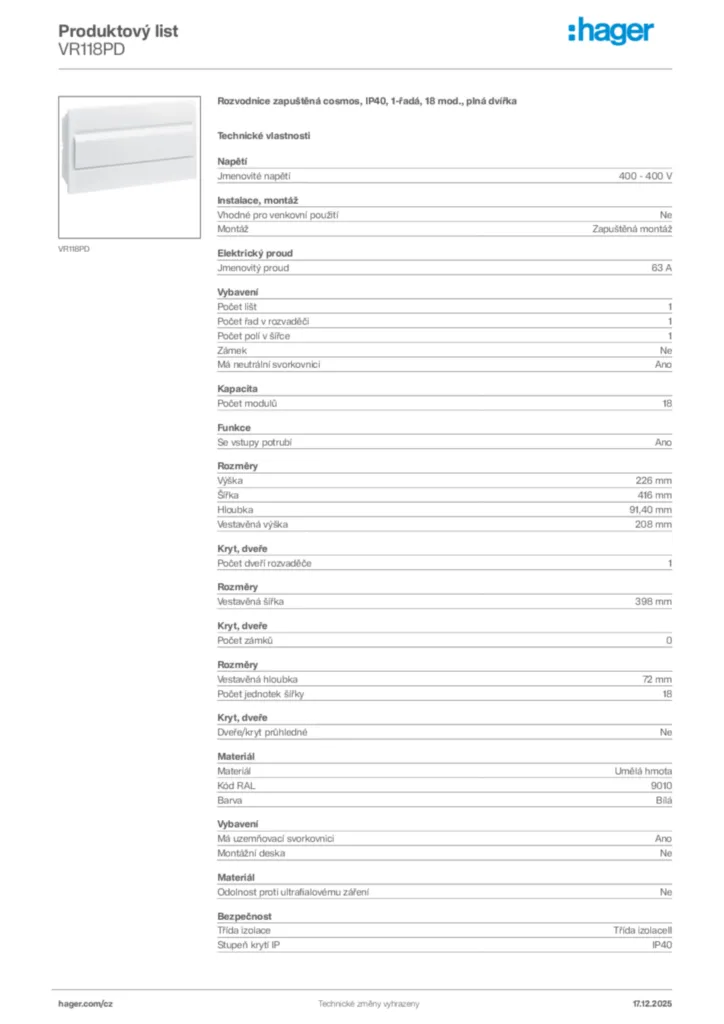 Obrázek Hager Produktový list VR118PD | Hager