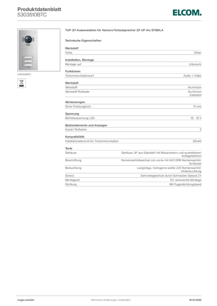 Bild Elcom Produktdatenblatt 5303510BTC | Hager Deutschland