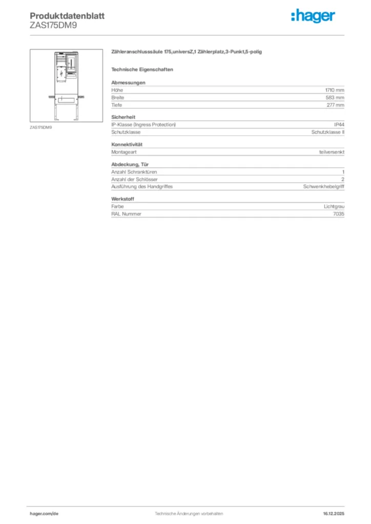 Bild Hager Produktdatenblatt ZAS175DM9 | Hager Deutschland