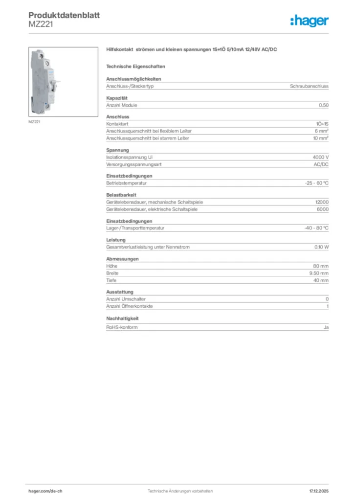 Bild Hager Produktdatenblatt MZ221 | Hager Schweiz