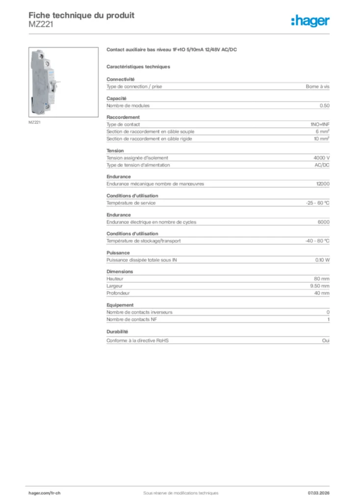 Image Hager Fiche technique du produit MZ221 | Hager Suisse