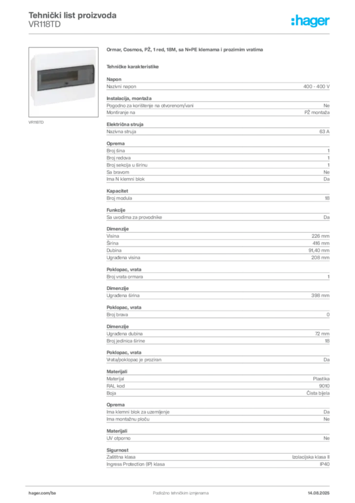 Slika Hager Product data sheet VR118TD  | Hager