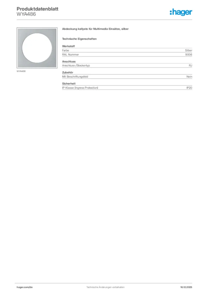 Bild Hager Produktdatenblatt WYA486 | Hager Deutschland