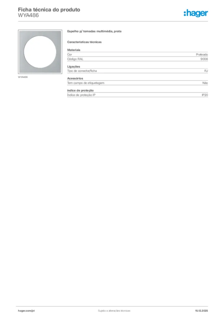 Imagem Hager Ficha técnica do produto WYA486 | Hager Portugal
