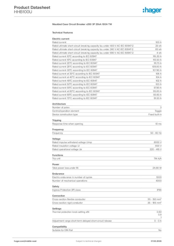 Image Hager Product data sheet HHB100U  | Hager