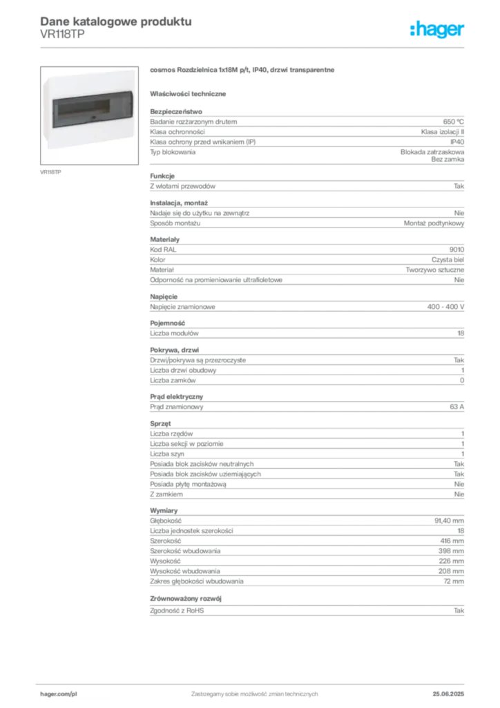 Zdjęcie Hager Karta katalogowa VR118TP | Hager Polska
