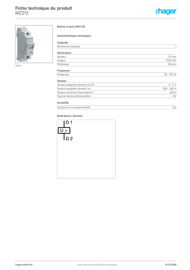 Image Hager Fiche technique du produit MZ212 | Hager Belgique