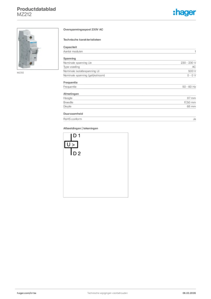 Afbeelding Hager Productdatablad MZ212 | Hager Belgium