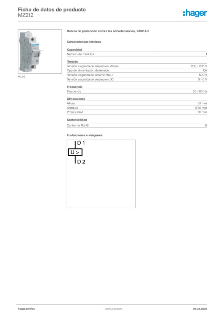 Imagen Hager Ficha de datos de producto MZ212 | Hager España