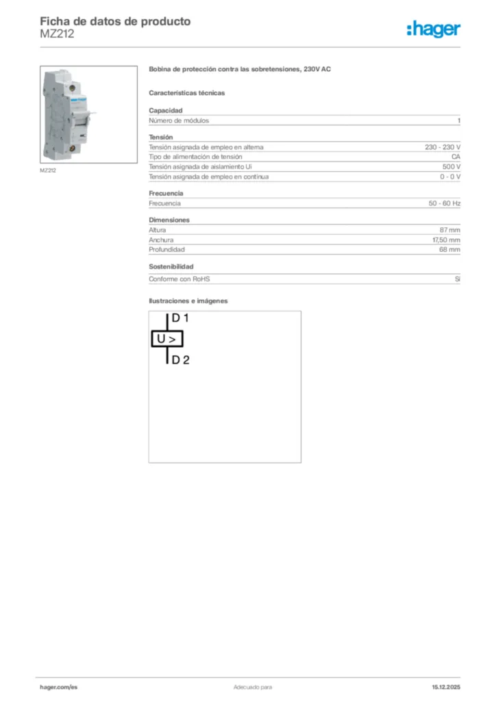 Imagen Hager Ficha de datos de producto MZ212 | Hager España