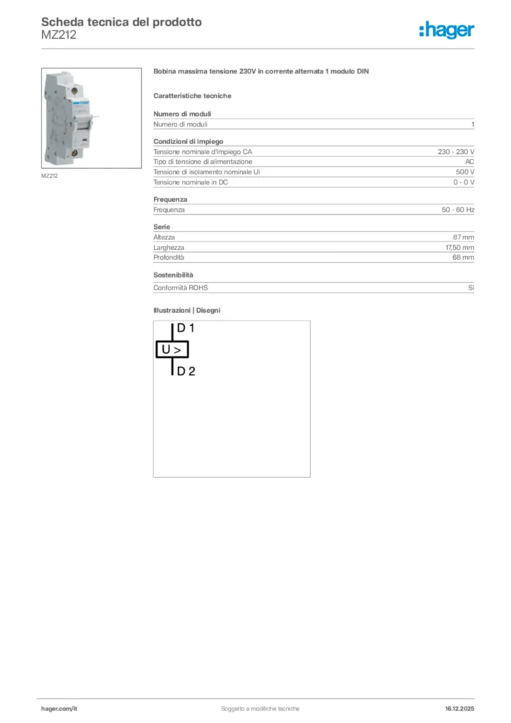 Immagine Hager Scheda tecnica del prodotto MZ212 | Hager Italia