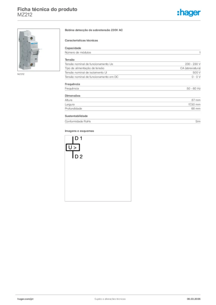 Imagem Hager Ficha técnica do produto MZ212 | Hager Portugal