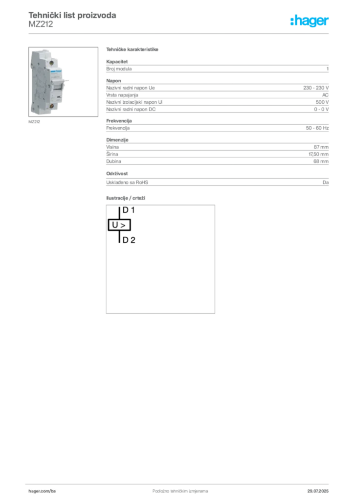 Slika Hager Product data sheet MZ212  | Hager