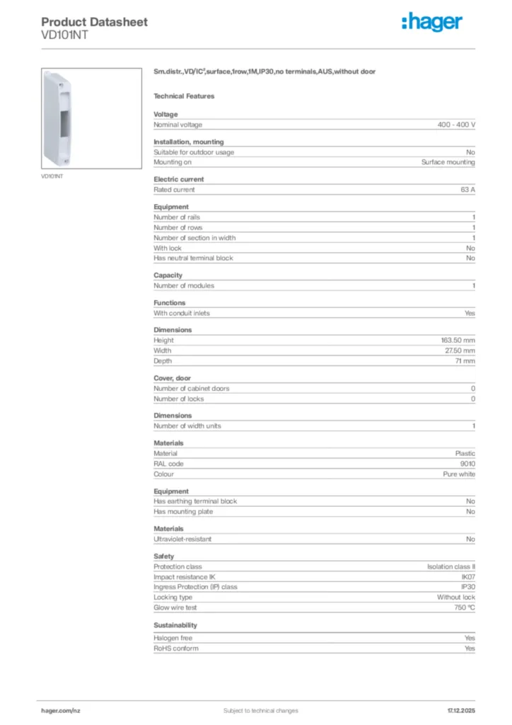 Image Hager Product data sheet VD101NT  | Hager New Zealand