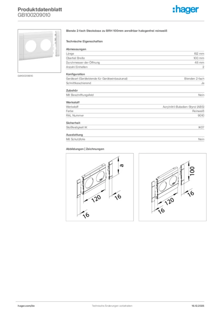 Bild Hager Produktdatenblatt GB100209010 | Hager Deutschland