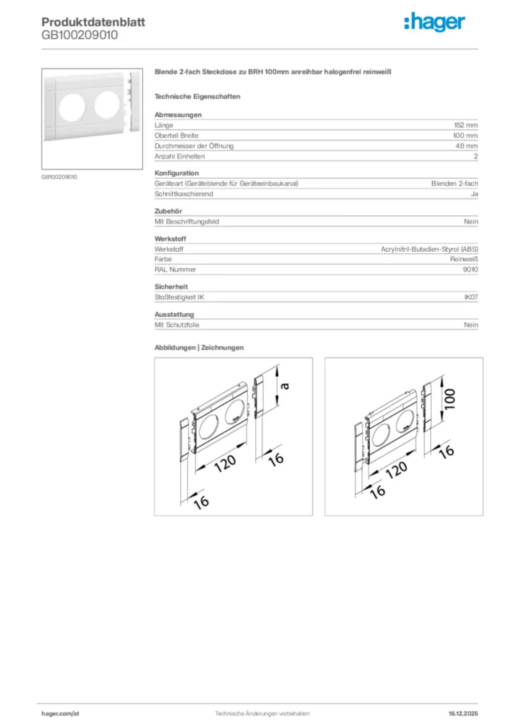 Bild Hager Produktdatenblatt GB100209010 | Hager Deutschland