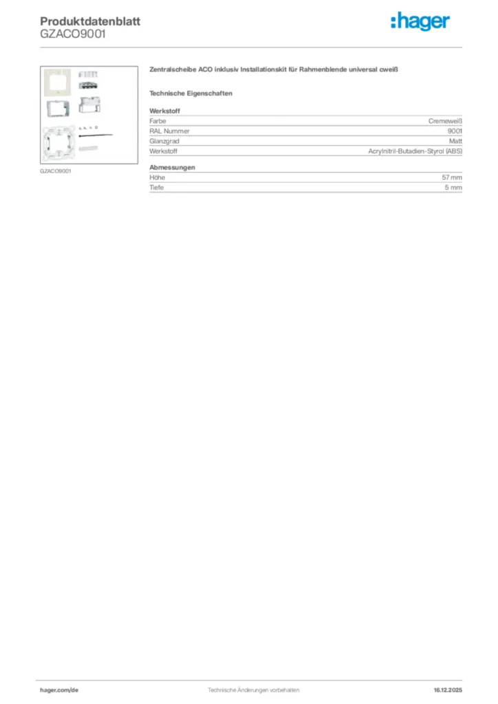 Bild Hager Produktdatenblatt GZACO9001 | Hager Deutschland