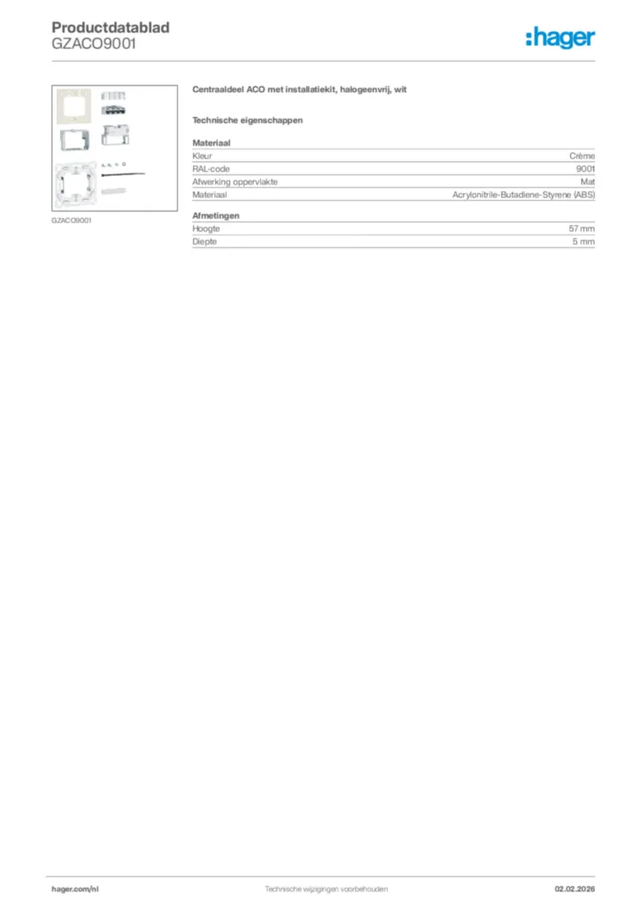 Afbeelding Hager Productdatablad GZACO9001 | Hager Nederland