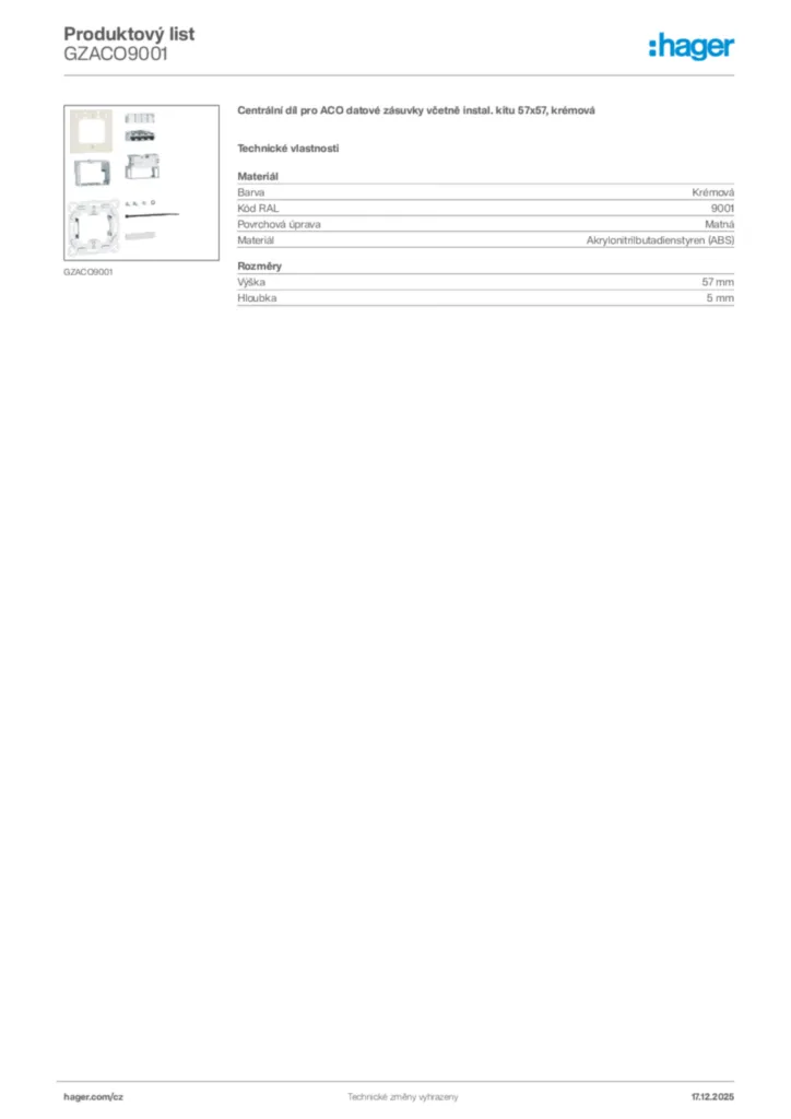 Obrázek Hager Produktový list GZACO9001 | Hager