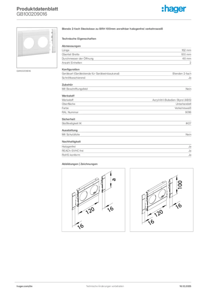 Bild Hager Produktdatenblatt GB100209016 | Hager Deutschland