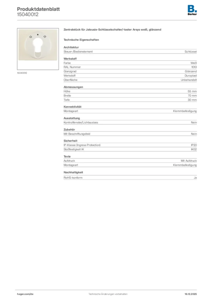 Bild Berker Produktdatenblatt 15040012 | Hager Deutschland