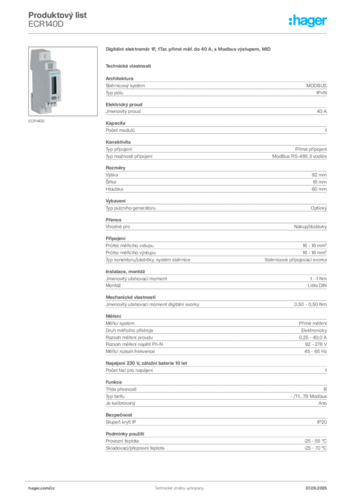 Obrázek Hager Produktový list ECR140D | Hager