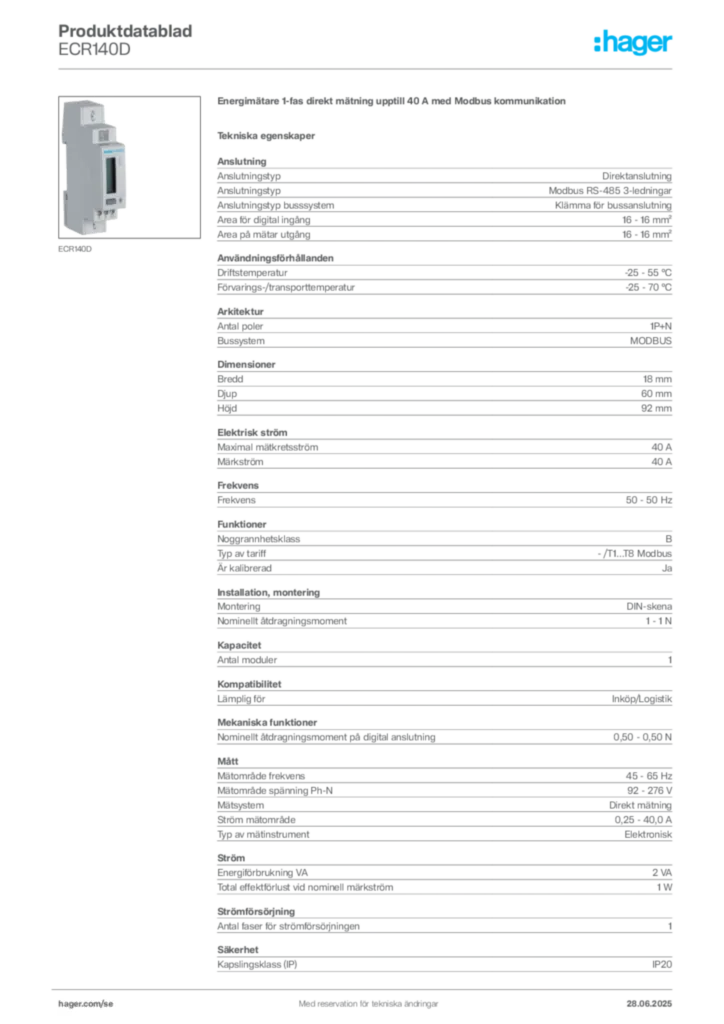 Bild Hager Produktdatablad ECR140D | Hager Sverige